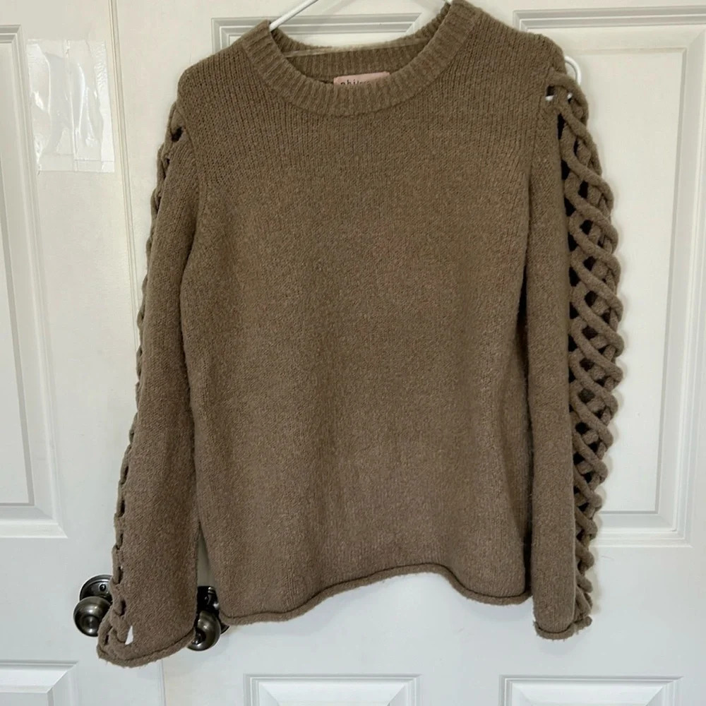 Philosophy sweater size small tan crewneck crisscross open long sleeves